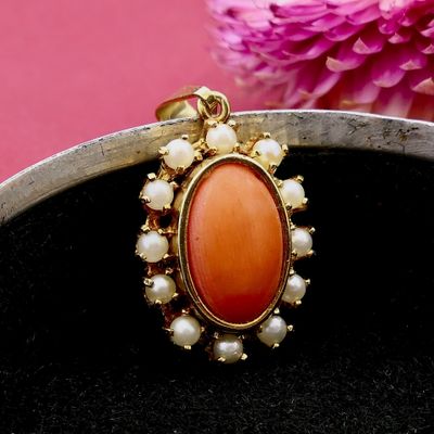 Image 2 of Gold Pendant with Blood Coral and Pearl; 14 Karat