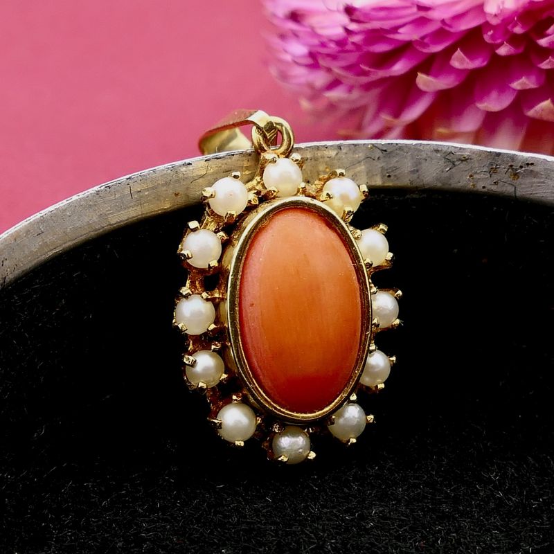 Image 2 of Gold Pendant with Blood Coral and Pearl; 14 Karat