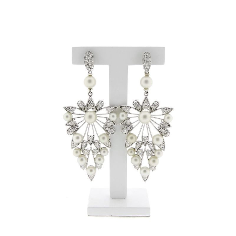 Image 1 of UTOPIA Art Deco white gold earrings with pearl and diamond 3.50 ct.