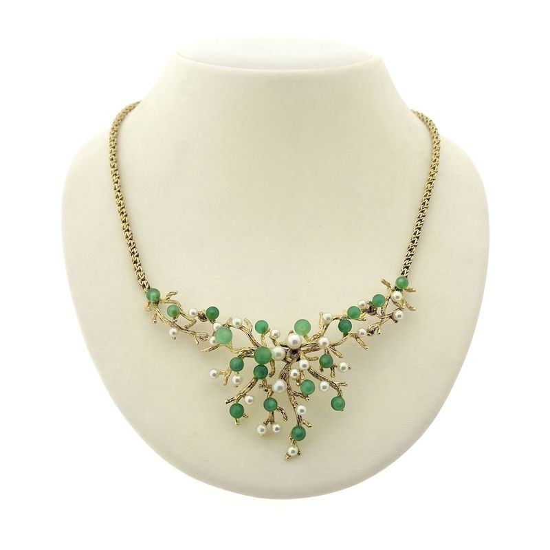 Image 1 of Gold necklace with pearl and Imperial jade | 42 cm
