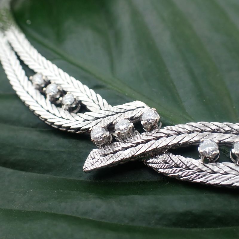 Image 7 of White gold herringbone link necklace with diamond; 0.63 ct.