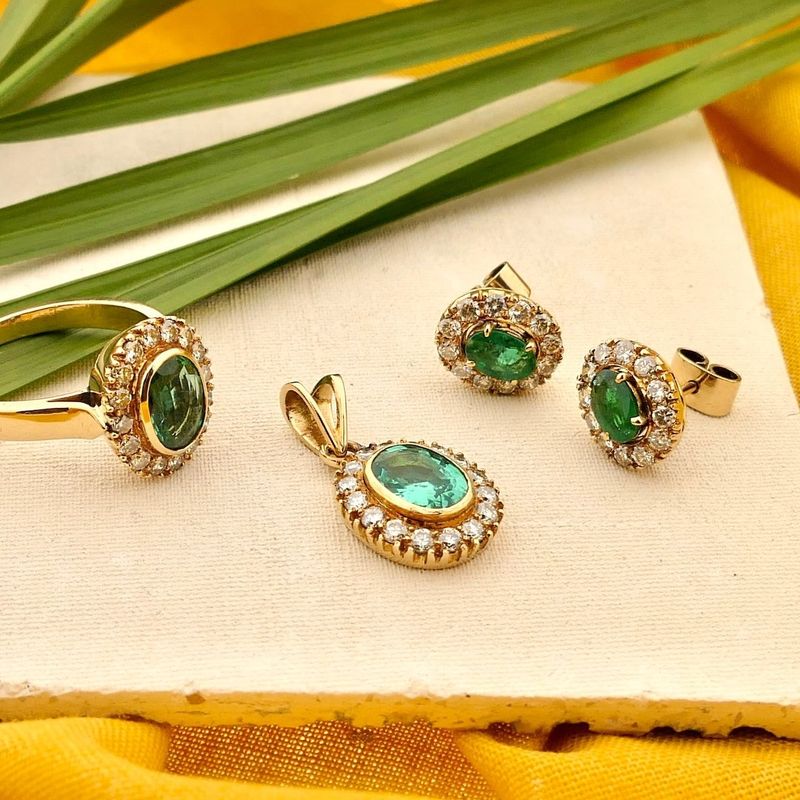 Image 7 of Gold earrings with emerald and diamonds; 0.48 ct.