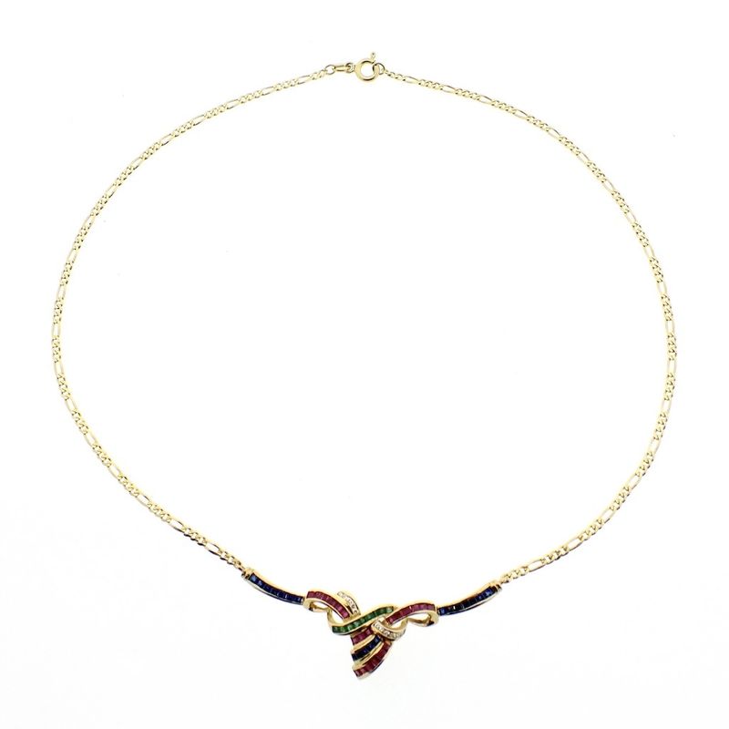 Image 8 of 18K gold necklace with sapphire, emerald, ruby, and diamonds (0.055 ct.) | 42 cm