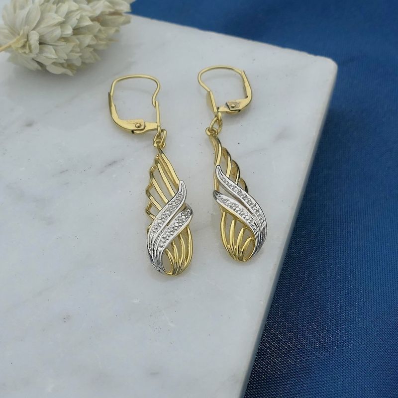 Image 13 of Bicolor gold long earrings with diamonds; 0.01 ct.