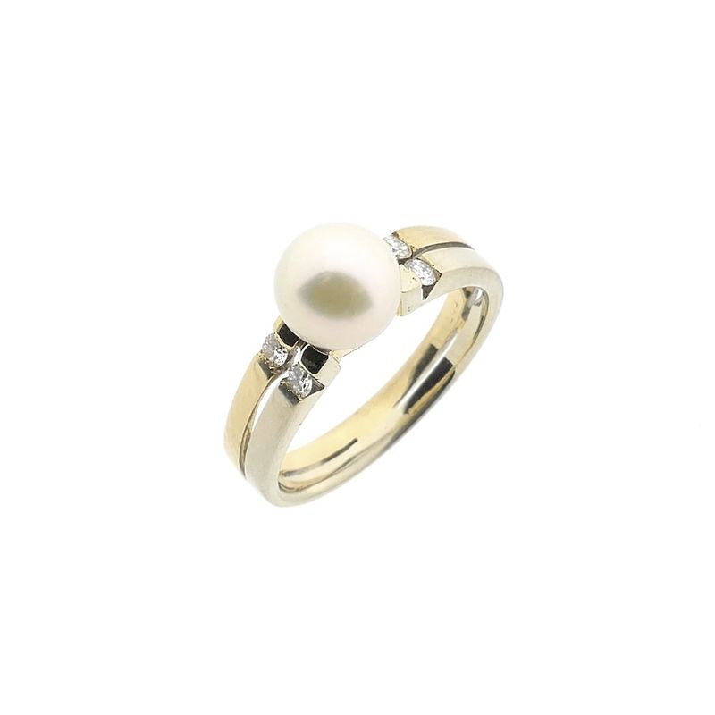 Image 1 of Two-tone gold ring with pearl and diamonds; 0.06 ct.