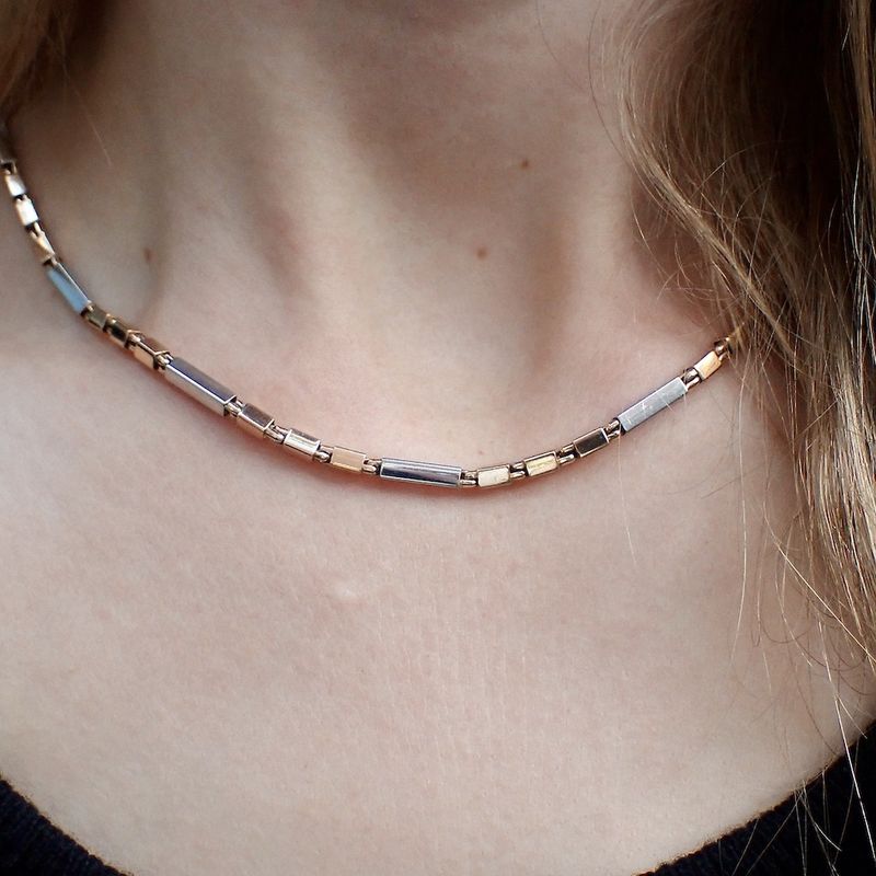 Image 5 of Two-tone gold checkered link necklace | 45 cm
