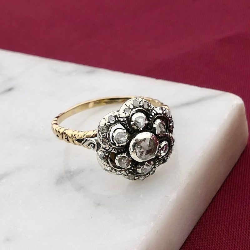Image 2 of Gold and Silver Ring with Rose Cut Diamonds; approx. 0.65 ct.