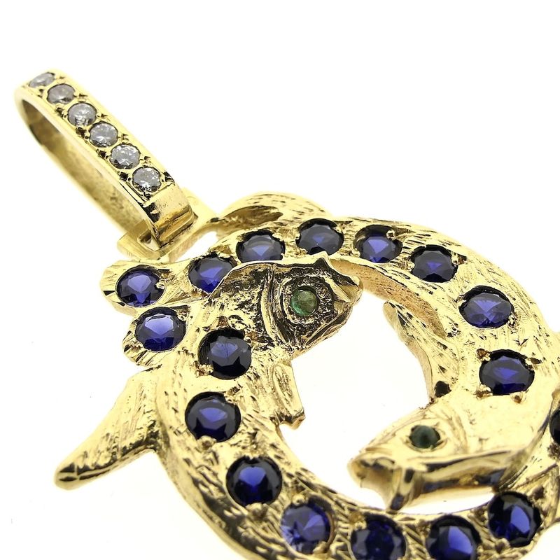 Image 3 of Solid gold zodiac sign pendant with sapphire, emerald and diamonds; Pisces