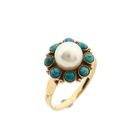 Image 1 of Golden entourage ring with cultured pearl & turquoise; 14K; size 16.5