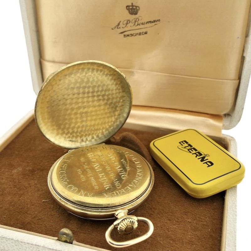 Image 10 of Eterna 14k gold pocket watch 1949; Royal Textile Factory C.T. Stork