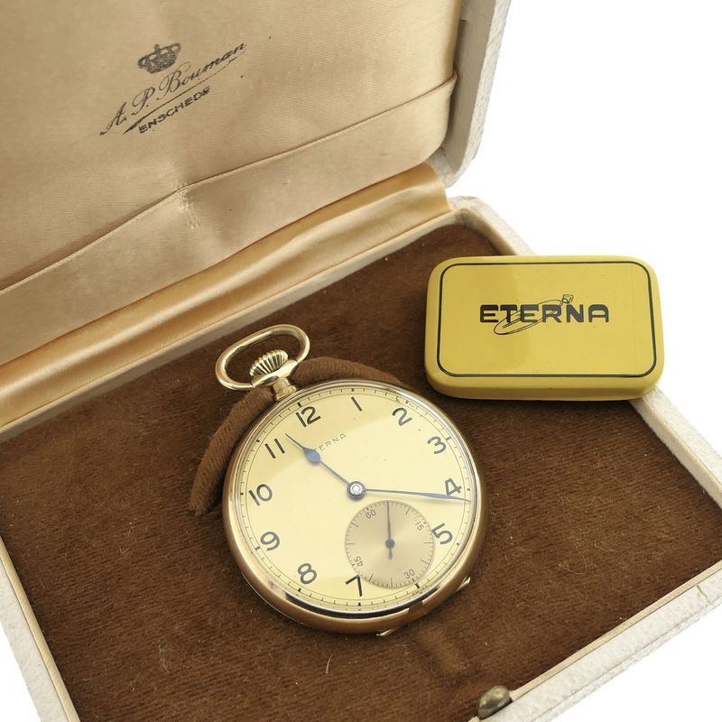 Image 2 of Eterna 14k gold pocket watch 1949; Royal Textile Factory C.T. Stork