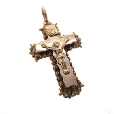 Image 1 of 19th century gold pendant of a cross with corpus INRI; Filigree