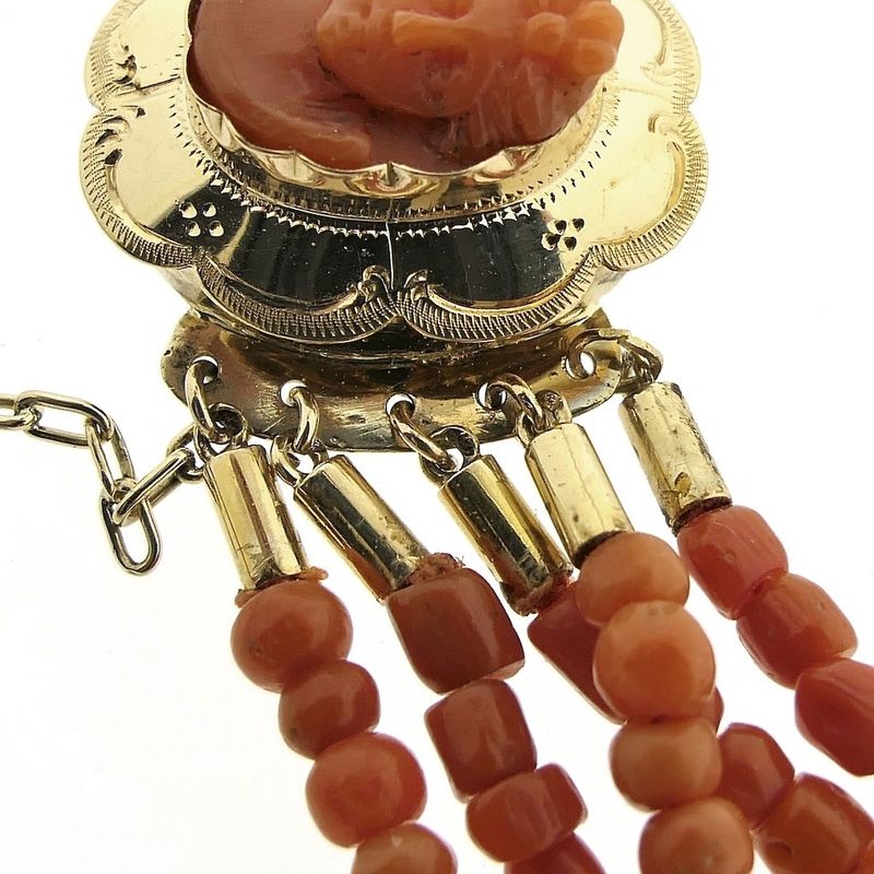 Image 19 of Antique blood coral bead necklace with gold clasp