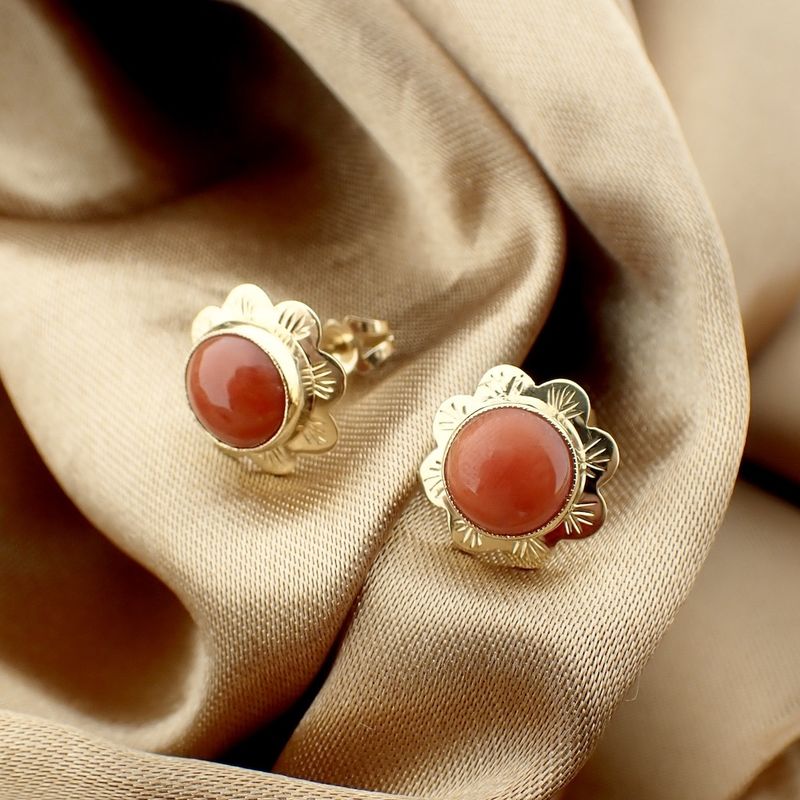 Image 2 of Vintage gold stud earrings with red coral