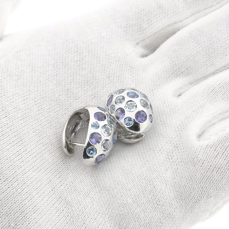 Image 13 of White gold domed stud earrings with aquamarine and amethyst