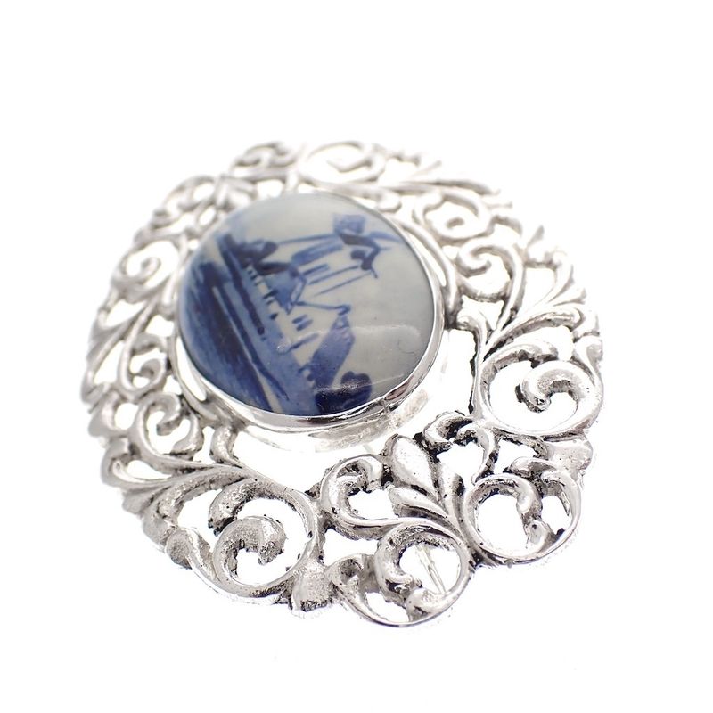 Image 4 of Silver old Dutch brooch with Delft blue