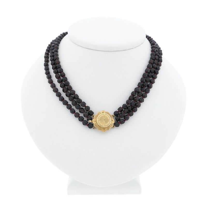 Image 1 of Antique garnet bead necklace with gold decorative clasp.