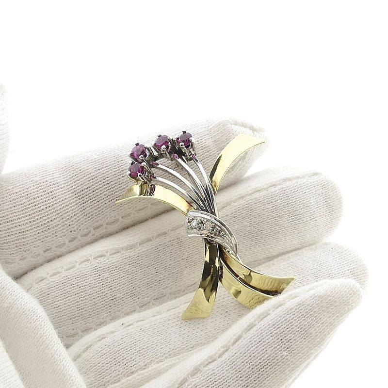 Image 8 of Two-tone gold brooch with ruby and diamonds; 0.06 ct.