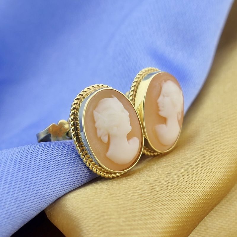 Image 2 of Gold stud earrings with cameo