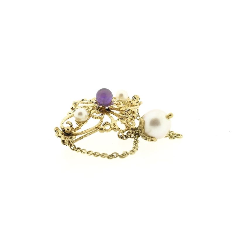 Image 4 of Gold brooch with pearls and purple glass bead
