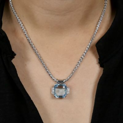 Image 1 of Fope white gold mesh link necklace with aquamarine and diamonds; 0.24 ct.