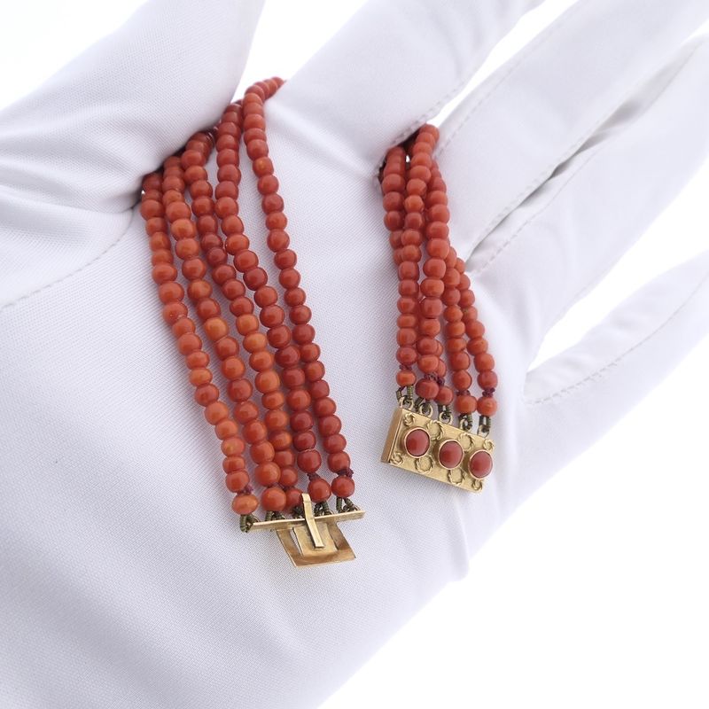 Image 9 of Antique red coral beaded bracelet with gold clasp.