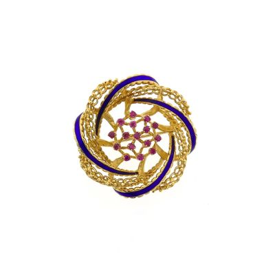Image 1 of Vintage Gold Brooch Flower with Ruby and Enamel
