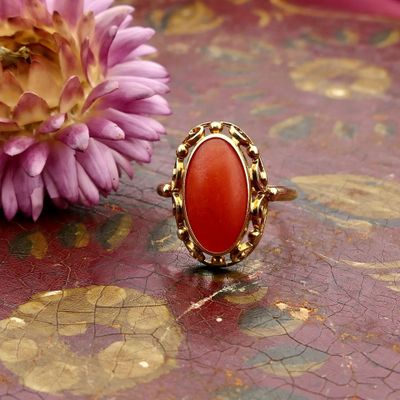 Image 2 of Vintage Gold Ring with Blood Coral; 14 Karat; Size 19