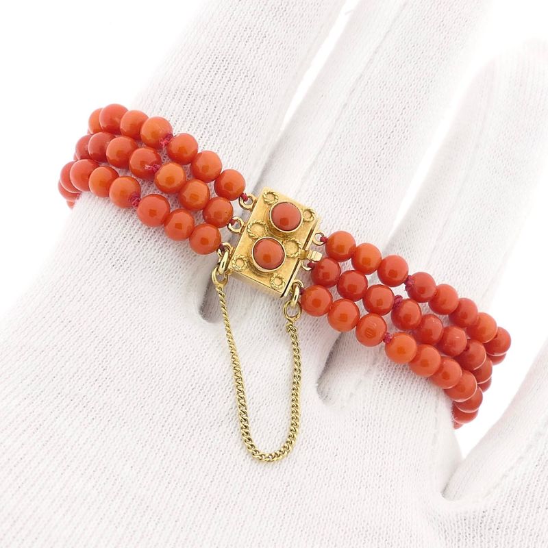 Image 9 of Antique red coral bead bracelet with gold decorative clasp