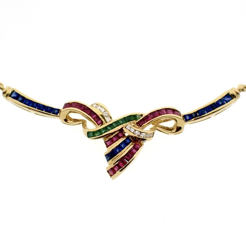 Image 5 of 18K gold necklace with sapphire, emerald, ruby, and diamonds (0.055 ct.) | 42 cm