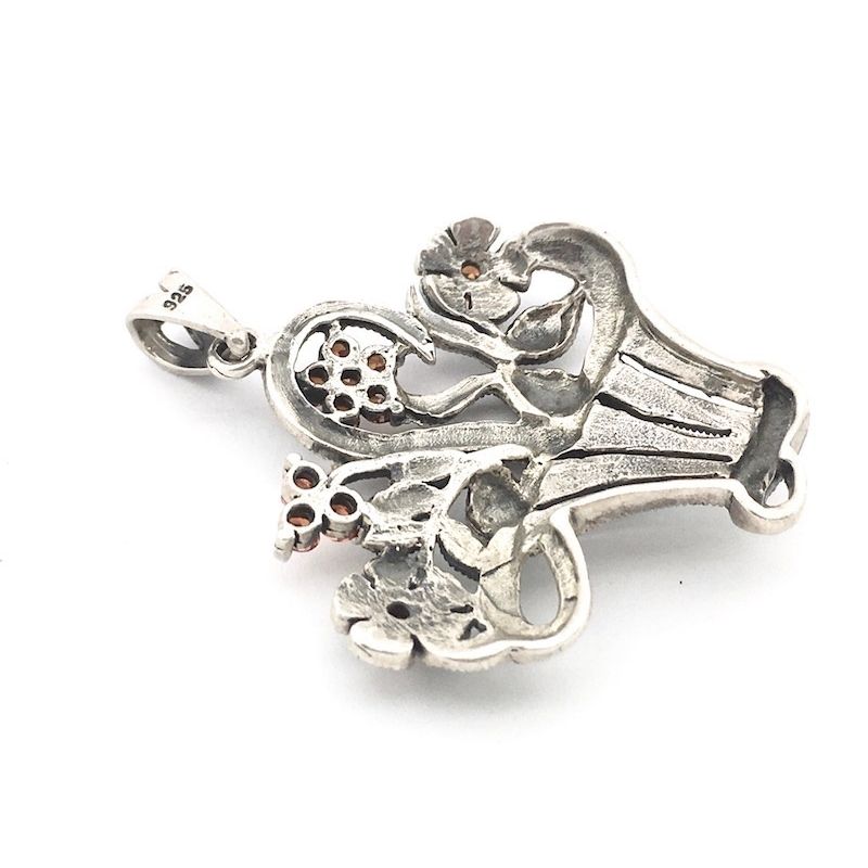 Image 3 of Silver pendant with orange zirconia and marcasite; floral bouquet