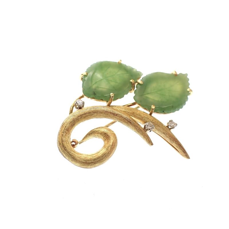 Image 2 of Vintage gold floral brooch with jade and diamond