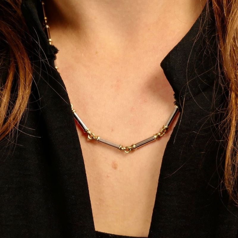 Image 8 of Bicolor Gold Bar Link Necklace
