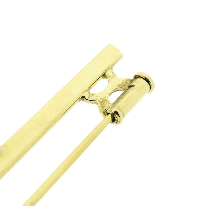 Image 10 of Golden long narrow brooch with pearl and diamonds; 0.10 ct.