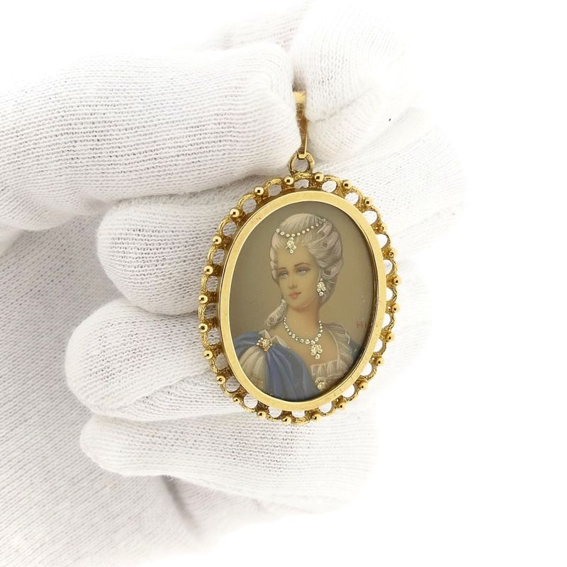 Image 11 of Antique Gold Pendant with Enamel Portrait and Diamonds