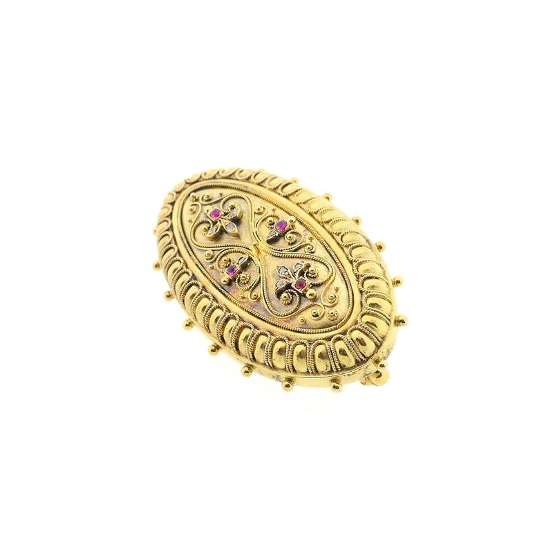 Image 9 of Antique gold Victorian brooch with ruby ​​and diamonds; 0.04 ct.