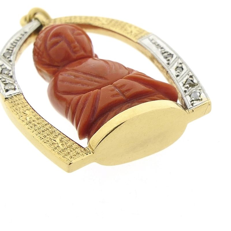 Image 8 of 18-karat two-tone gold Buddhist pendant with blood coral and diamond | approx. 0.08 ct.
