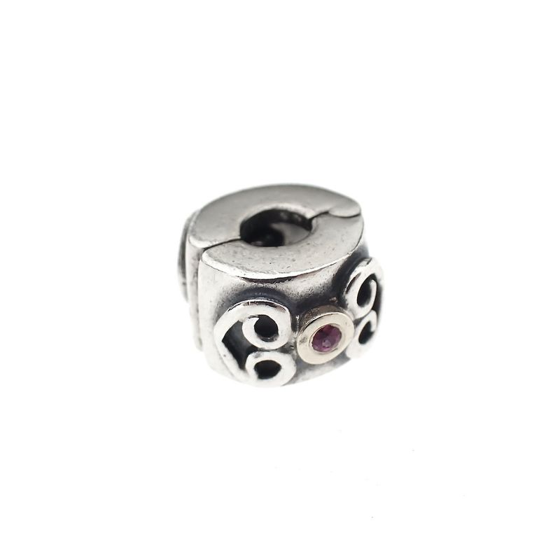 Image 1 of Pandora clip charm; Silver with gold; Double Heart Pink Sapphire