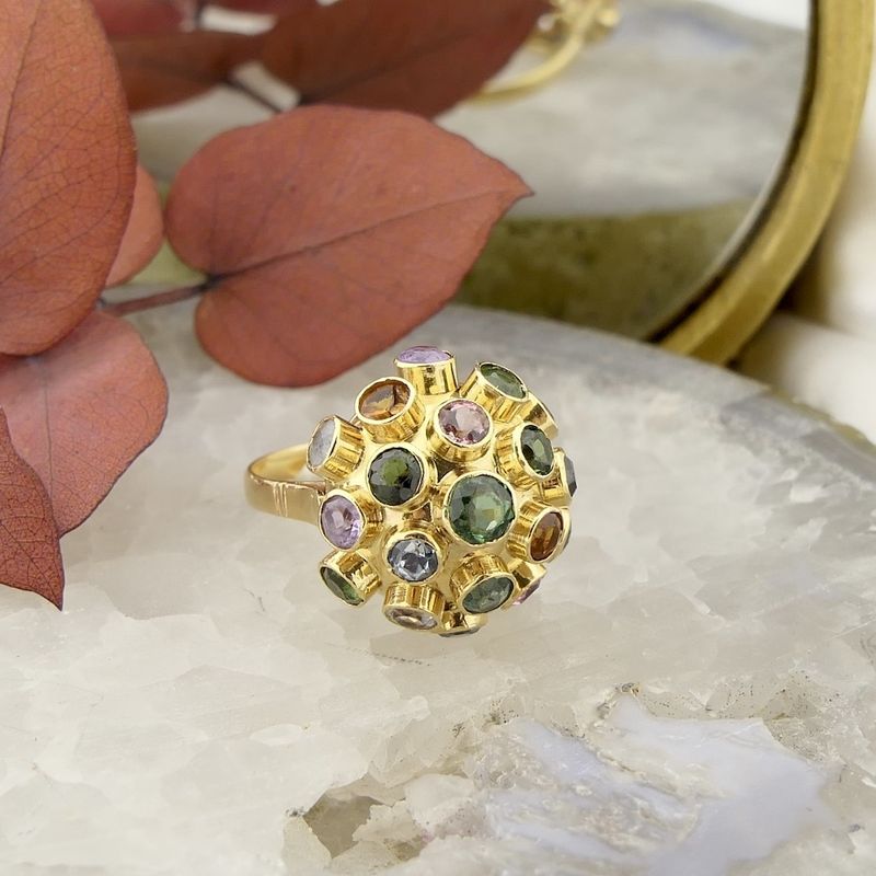 Image 2 of 18 carat gold Sputnik ring with colored stones