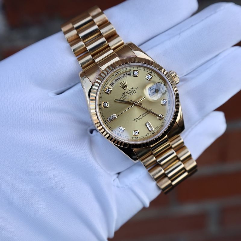 Image 26 of Rolex Day-Date 36mm 'Diamond Dial' 118238; 18k. Gold watch in full set
