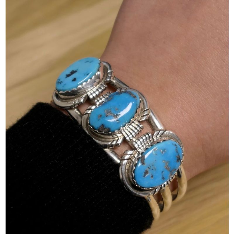 Image 7 of Silver Bohemian Cuff Bracelet with Turquoise | Size S/M