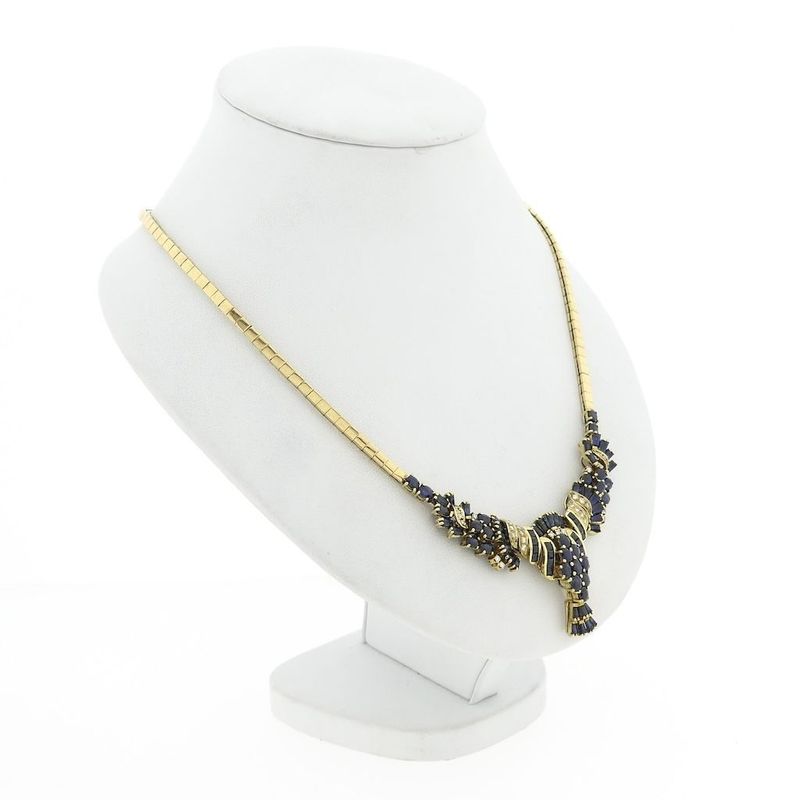 Image 3 of Golden omega link necklace with sapphires and diamonds; 0.34 ct.