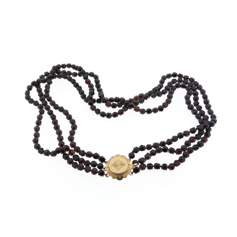 Image 4 of Antique garnet bead necklace with gold decorative clasp.