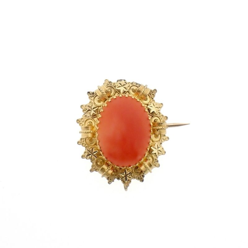 Image 1 of Vintage/antique gold brooch with filigree technique and blood coral
