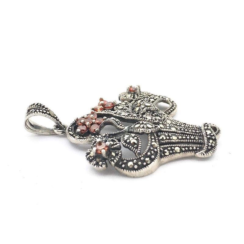 Image 2 of Silver pendant with orange zirconia and marcasite; floral bouquet