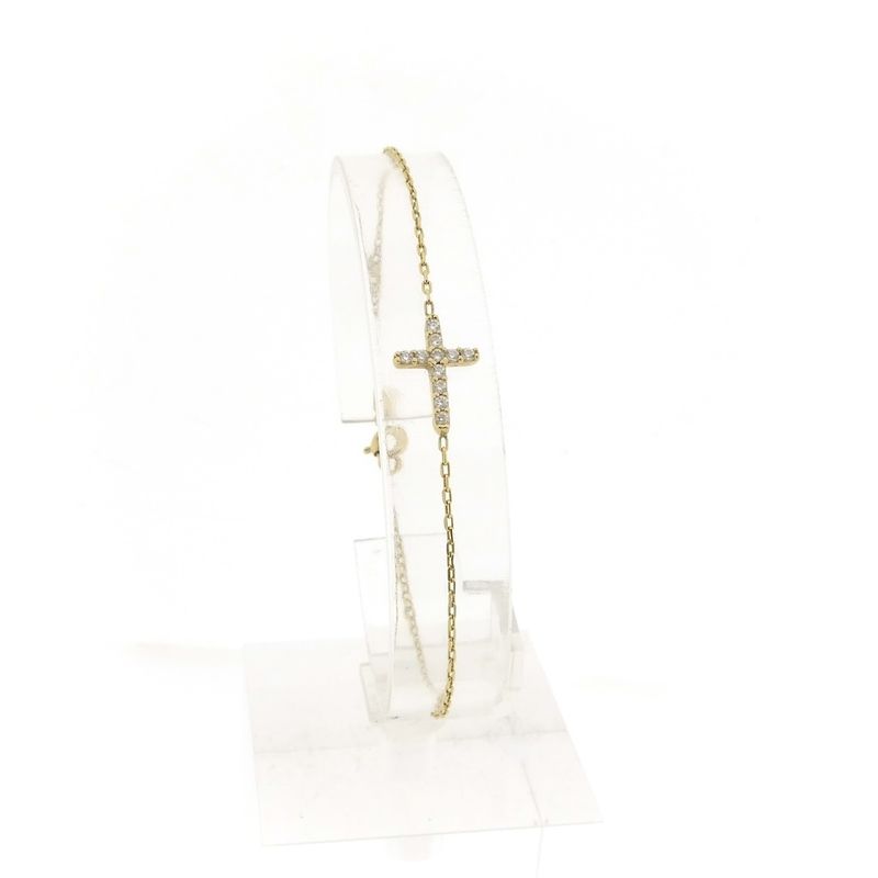 Image 1 of Gold thin anchor link bracelet; Cross with zirconia | 18.5 cm