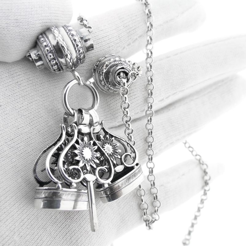 Image 10 of Antique silver watch chain with two signets and watch key | 62 cm