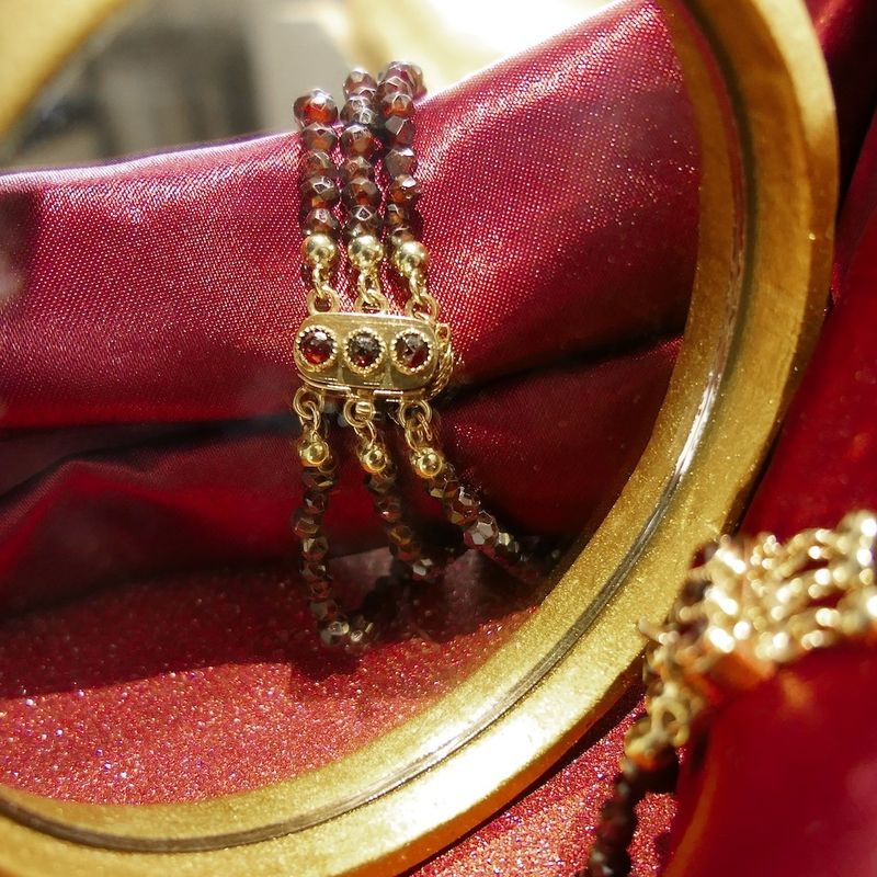 Image 3 of Antique garnet bead bracelet with gold decorative clasp; Antique