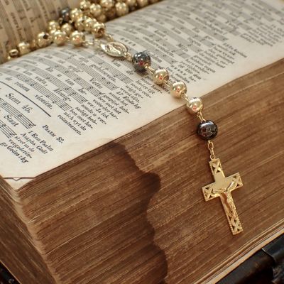 Image 2 of Gold rosary necklace with patinated beads