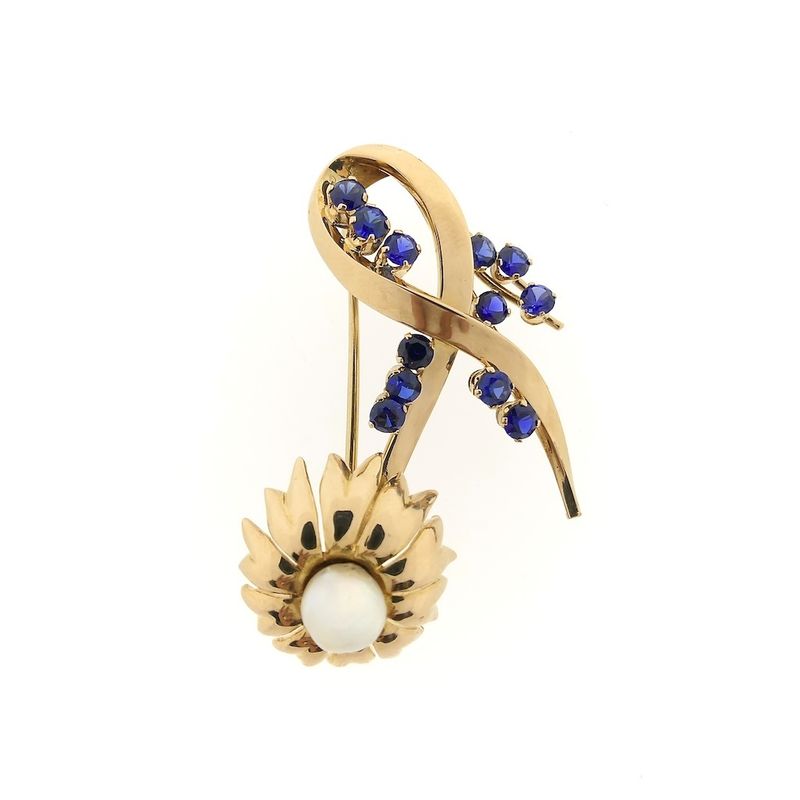 Image 6 of Vintage gold brooch with pearl and sapphires